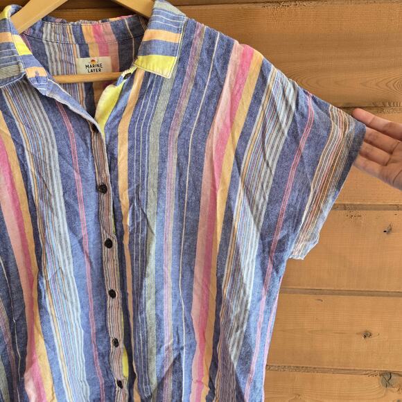 Marine Layer Dana Short Sleeve Shirt Blue Variegated Stripe Large Button Top - Picture 4 of 6